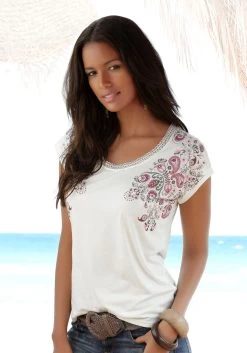 Feel Good Bikinitop Met Beugels -Beste Bikini Winkel beachtime t shirt met fijne kant bij de hals beige