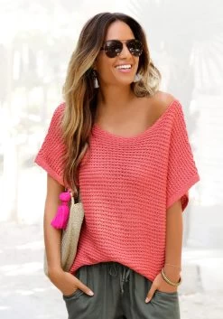 Buffalo Oversized Tankinitop BRANDA -Beste Bikini Winkel lascana trui met korte mouwen in luchtig ajourbreisel rood 1